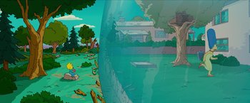 Movie still from “The Simpsons Movie” (2007), directed by David Silverman – A cartoon scene of a pond with a house and trees in the background; Extreme Wide shot, High angle