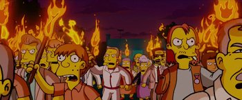 Movie still from “The Simpsons Movie” (2007), directed by David Silverman – A group of people that are standing in front of flames; Medium shot, Low angle
