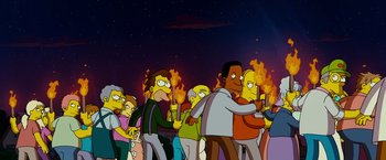 Movie still from “The Simpsons Movie” (2007), directed by David Silverman – A bunch of people that are standing in the dark; Wide shot, Low angle