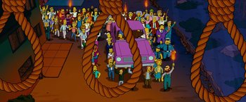 Movie still from “The Simpsons Movie” (2007), directed by David Silverman – A crowd of people standing next to each other in front of a car; Extreme Wide shot, High angle