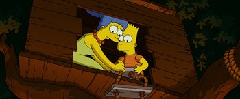 Movie still from “The Simpsons Movie” (2007), directed by David Silverman – A cartoon picture of bart and marge; Wide shot, Overhead angle