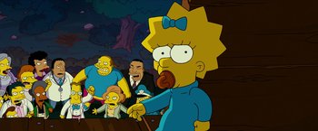 Movie still from “The Simpsons Movie” (2007), directed by David Silverman – A group of people sitting in a room; Medium shot, High angle