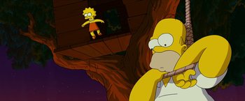 Movie still from “The Simpsons Movie” (2007), directed by David Silverman – A simpsons character hanging upside down from a tree; Wide shot, Low angle