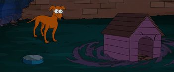 Movie still from “The Simpsons Movie” (2007), directed by David Silverman – A dog is standing in front of a purple house; Wide shot, High angle