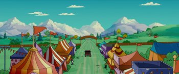 Movie still from “The Simpsons Movie” (2007), directed by David Silverman – An animated scene of a street with tents and a car driving down the road; Extreme Wide shot, High angle
