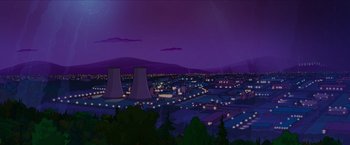Movie still from “The Simpsons Movie” (2007), directed by David Silverman – An illustration of a city at night with lights; Extreme Wide shot, High angle