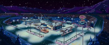 Movie still from “The Simpsons Movie” (2007), directed by David Silverman – An illustration of an oil station in the snow; Extreme Wide shot, High angle