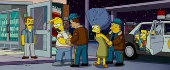 Movie still from “The Simpsons Movie” (2007), directed by David Silverman – A group of people standing next to each other on a street; Medium shot, Over the shoulder angle
