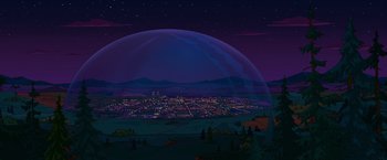 Movie still from “The Simpsons Movie” (2007), directed by David Silverman – An illustration of a city at night with a moon in the background; Extreme Wide shot, High angle