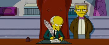 Movie still from “The Simpsons Movie” (2007), directed by David Silverman – A man in a suit writing on a book; Medium shot, High angle