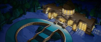 Movie still from “The Simpsons Movie” (2007), directed by David Silverman – An illustration of a house with a pond in front of it; Extreme Wide shot, High angle