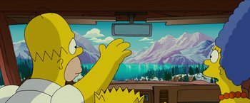 Movie still from “The Simpsons Movie” (2007), directed by David Silverman – A cartoon of homer simpson looking out a car window; Wide shot, Over the shoulder angle