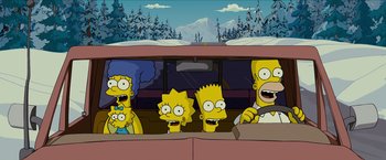 Movie still from “The Simpsons Movie” (2007), directed by David Silverman – A group of people sitting in the back of a car; Wide shot, High angle