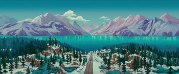 Movie still from “The Simpsons Movie” (2007), directed by David Silverman – An illustration of a road going through the mountains; Extreme Wide shot, High angle