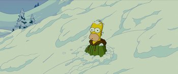 Movie still from “The Simpsons Movie” (2007), directed by David Silverman – A cartoon of homer simpson sitting in the snow; Wide shot, Overhead angle