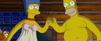 Movie still from “The Simpsons Movie” (2007), directed by David Silverman – A couple of people that are shaking hands; Medium shot, Overhead angle