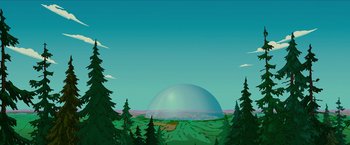 Movie still from “The Simpsons Movie” (2007), directed by David Silverman – An illustration of a green field with trees in the foreground and a blue sky in the background; Extreme Wide shot, High angle