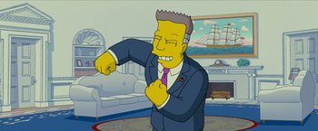 Movie still from “The Simpsons Movie” (2007), directed by David Silverman – A man wearing a suit and tie in a living room; Medium shot, Low angle