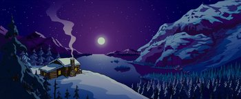 Movie still from “The Simpsons Movie” (2007), directed by David Silverman – A painting of a cabin in the mountains at night; Extreme Wide shot, Low angle