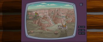 Movie still from “The Simpsons Movie” (2007), directed by David Silverman – An illustration of a donkey and a man standing in front of a cliff; Extreme Wide shot, High angle