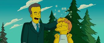 Movie still from “The Simpsons Movie” (2007), directed by David Silverman – A man in a suit and tie standing next to a man in a suit and tie; Medium shot, Low angle