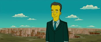 Movie still from “The Simpsons Movie” (2007), directed by David Silverman – A man wearing a suit and tie standing in front of a building; Medium shot, High angle