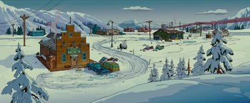 Movie still from “The Simpsons Movie” (2007), directed by David Silverman – An animated scene of a snowy town with cars parked on the side of the road; Extreme Wide shot, High angle
