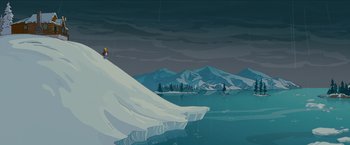 Movie still from “The Simpsons Movie” (2007), directed by David Silverman – Two people are skiing on a snowy hill; Extreme Wide shot, Low angle