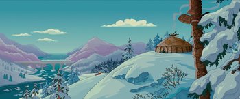 Movie still from “The Simpsons Movie” (2007), directed by David Silverman – An illustration of a snowy landscape with a cabin and trees; Extreme Wide shot, High angle