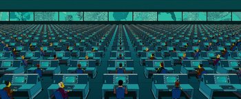Movie still from “The Simpsons Movie” (2007), directed by David Silverman – A group of people sitting at computers in front of screens; Extreme Wide shot, High angle