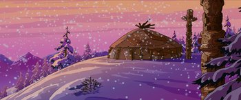 Movie still from “The Simpsons Movie” (2007), directed by David Silverman – An illustration of a hut in a snowy field; Extreme Wide shot, High angle
