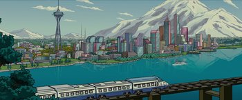 Movie still from “The Simpsons Movie” (2007), directed by David Silverman – An illustration of a train on the tracks near a body of water; Extreme Wide shot, High angle