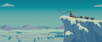 Movie still from “The Simpsons Movie” (2007), directed by David Silverman – A man riding skis on top of a snow covered mountain; Extreme Wide shot, Low angle