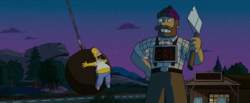 Movie still from “The Simpsons Movie” (2007), directed by David Silverman – A man standing in front of a man with a gas sign; Wide shot, Low angle