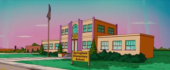 Movie still from “The Simpsons Movie” (2007), directed by David Silverman – A cartoon picture of a school building with a flag on the front lawn; Extreme Wide shot, High angle