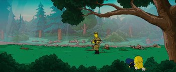 Movie still from “The Simpsons Movie” (2007), directed by David Silverman – A cartoon of a man in a yellow suit holding a gun; Wide shot, Low angle