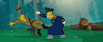 Movie still from “The Simpsons Movie” (2007), directed by David Silverman – A cartoon of a man dressed in a blue uniform and holding a gun; Medium shot, Over the shoulder angle