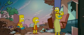Movie still from “The Simpsons Movie” (2007), directed by David Silverman – A simpsons cartoon scene with lisa and marge simpson; Wide shot, Low angle