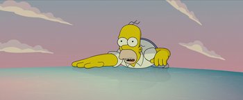 Movie still from “The Simpsons Movie” (2007), directed by David Silverman – A cartoon of homer simpson laying on the ground; Medium shot, Low angle