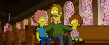 Movie still from “The Simpsons Movie” (2007), directed by David Silverman – A man sitting on top of a bench next to two other people; Medium shot, Low angle