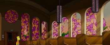 Movie still from “The Simpsons Movie” (2007), directed by David Silverman – A room filled with chairs next to stained glass windows; Extreme Wide shot, High angle