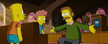 Movie still from “The Simpsons Movie” (2007), directed by David Silverman – A man and a woman sitting in a church; Medium shot, Low angle