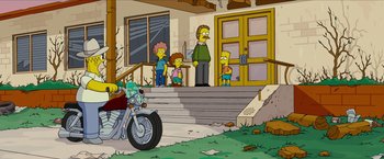Movie still from “The Simpsons Movie” (2007), directed by David Silverman – A family is sitting on the steps of a house; Wide shot, Low angle