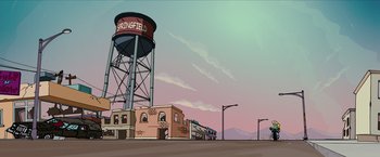 Movie still from “The Simpsons Movie” (2007), directed by David Silverman – An illustration of a water tower in the middle of a city; Extreme Wide shot, High angle
