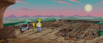 Movie still from “The Simpsons Movie” (2007), directed by David Silverman – A cartoon of two people standing on top of a hill; Extreme Wide shot, High angle