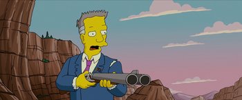 Movie still from “The Simpsons Movie” (2007), directed by David Silverman – A man in a suit and tie holding a gun; Medium shot, Low angle