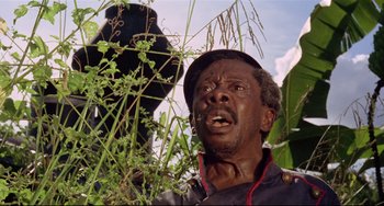 Movie still from “Fitzcarraldo” (1982), directed by Werner Herzog – A man standing next to a bush with trees in the background; Close Up shot, Low angle