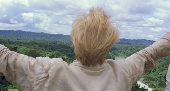 Movie still from “Fitzcarraldo” (1982), directed by Werner Herzog – A person with blonde hair looking out over a lush green forest; Medium shot, Low angle