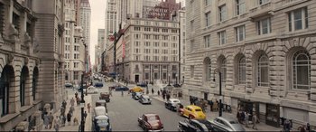 Movie still from “Florence Foster Jenkins” (2016), directed by Stephen Frears – A busy city street filled with lots of traffic; Extreme Wide shot, High angle