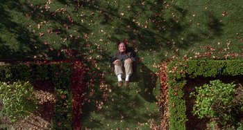 Movie still from “Flubber” (1997), directed by Les Mayfield – A man sitting on the grass in the middle of a garden; Wide shot, Overhead angle